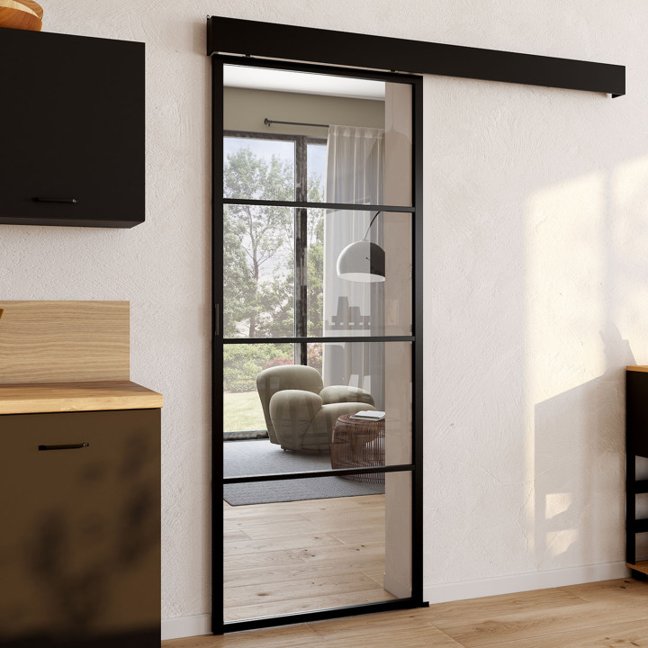 Kit porta scorrevole in vetro temperato da 83 cm in metallo + MDF con binario e fissaggi