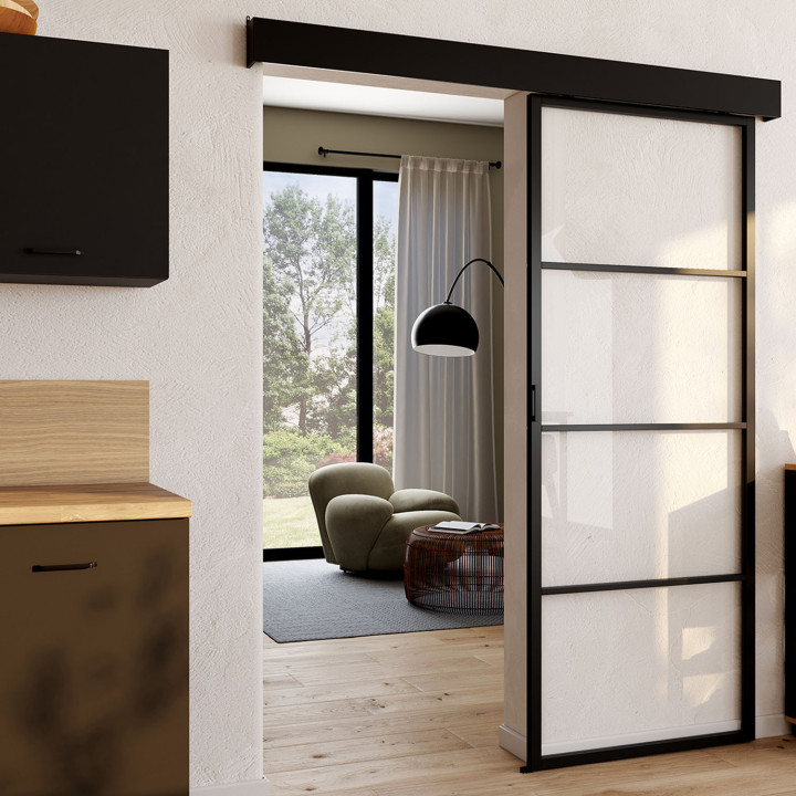 Kit porta scorrevole in vetro temperato da 83 cm in metallo + MDF con binario e fissaggi