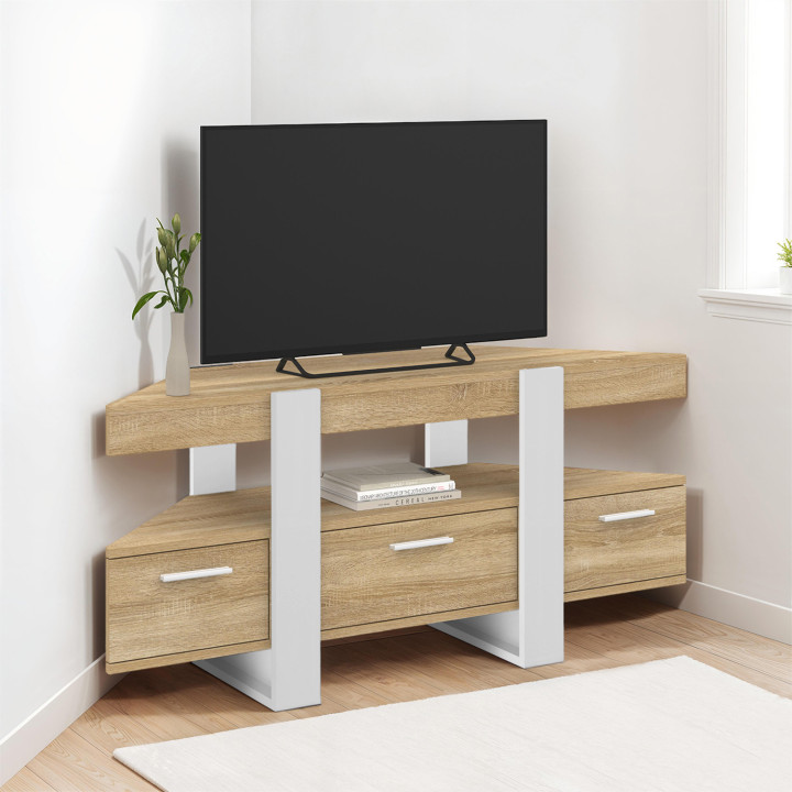 Eck-TV-Möbel 110cm Holz und Weiß mit Schublade - PHOENIX | IDMarket
