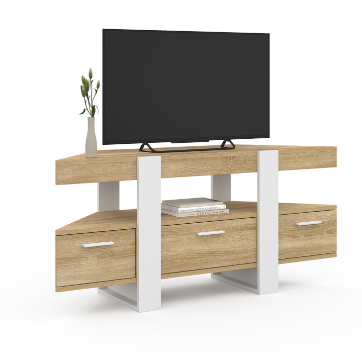 Mueble TV esquinero 110cm madera y blanco con cajón - PHOENIX | IDMarket