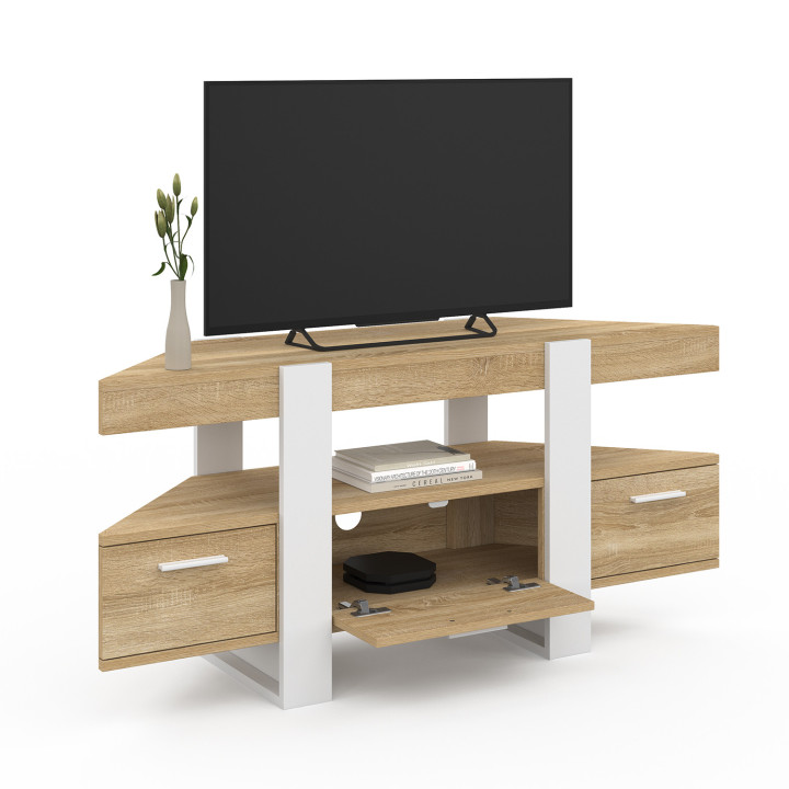 Mueble TV esquinero 110cm madera y blanco con cajón - PHOENIX | IDMarket