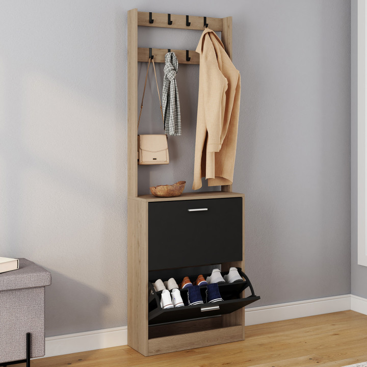 Mueble zapatero de pasillo de 2 puertas efecto madera y negro - KLARK | El Arte de Vivir IDMarket