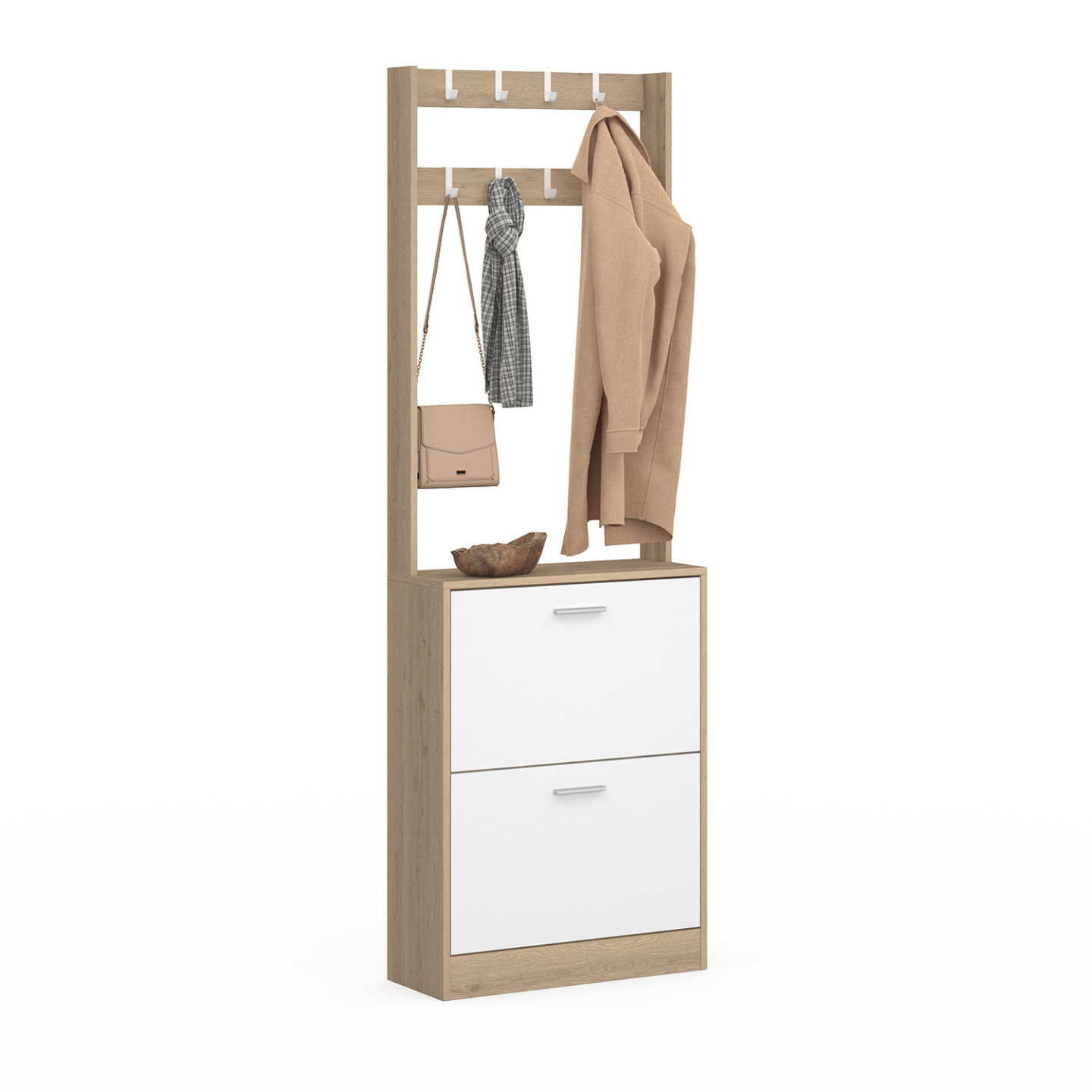 Garderobe für den Eingangsbereich Schuhschrank mit 2 Türen in Holz-Weiß-Effekt - KLARK