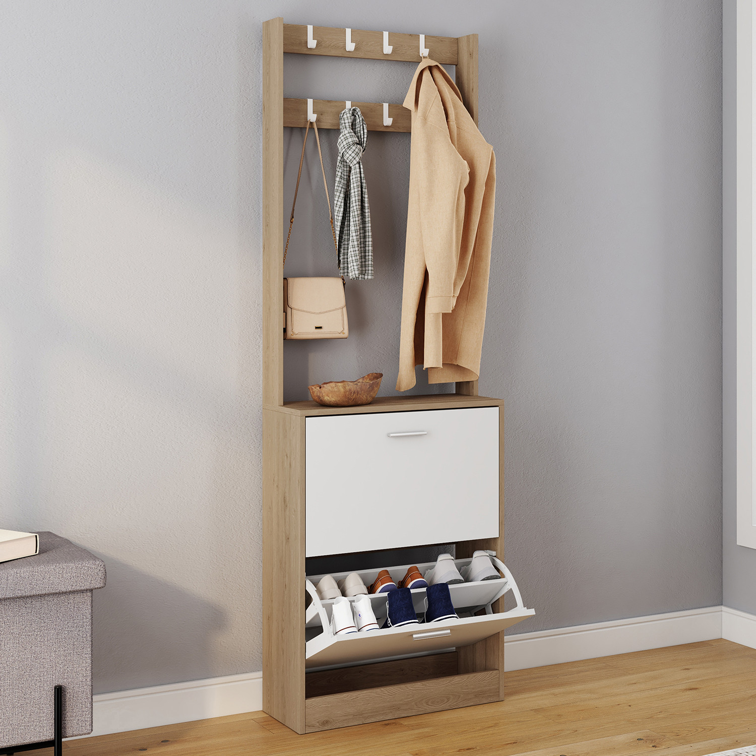 Vestiaire d'entrée meuble chaussures 2 portes effet bois et blanc