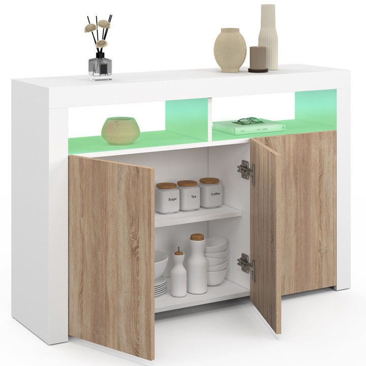 110 cm ELIGHT 3-deurs dressoir met LED-verlichting en nissen in wit en beukeneffect