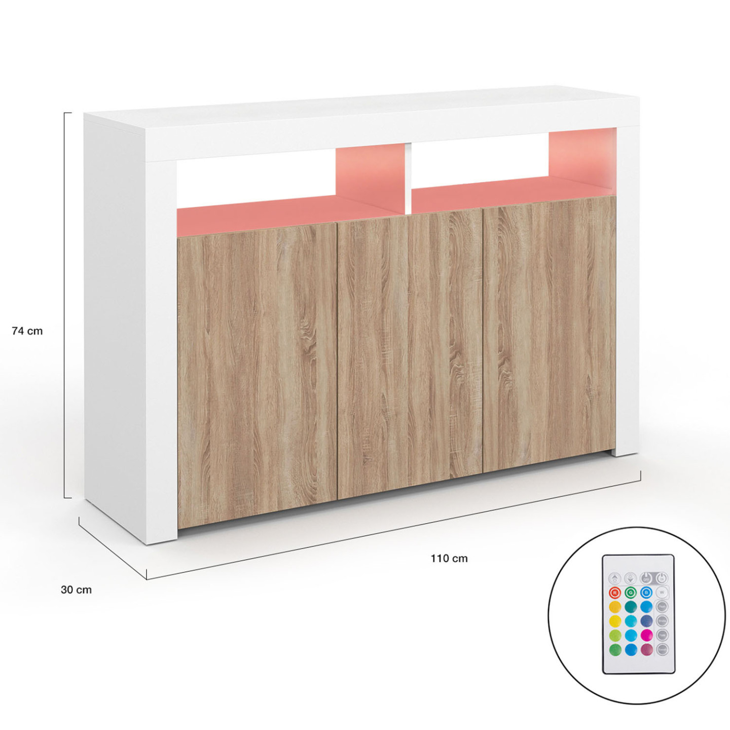 Aparador ELIGHT De 110 Cm - 3 Puertas Con LED, Color Blanco Y Madera De Haya, Con Nichos Y Estantes Ajustables