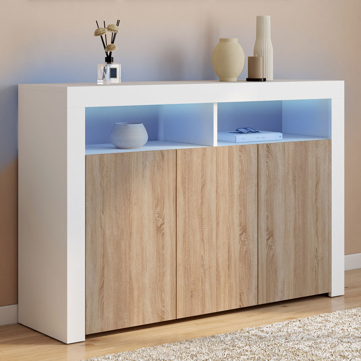 110 cm ELIGHT Credenza a 3 ante con luce LED e nicchie in legno bianco ed effetto faggio