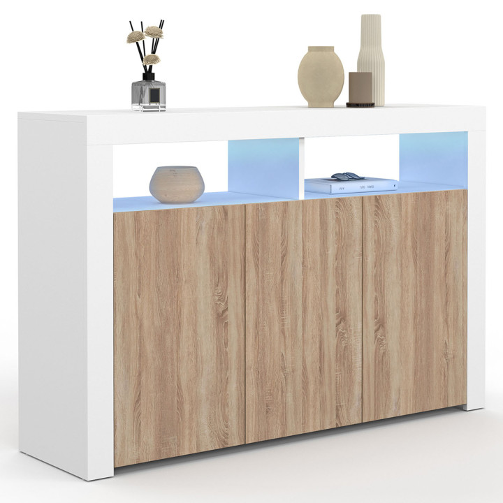 110 cm ELIGHT Credenza a 3 ante con luce LED e nicchie in legno bianco ed effetto faggio
