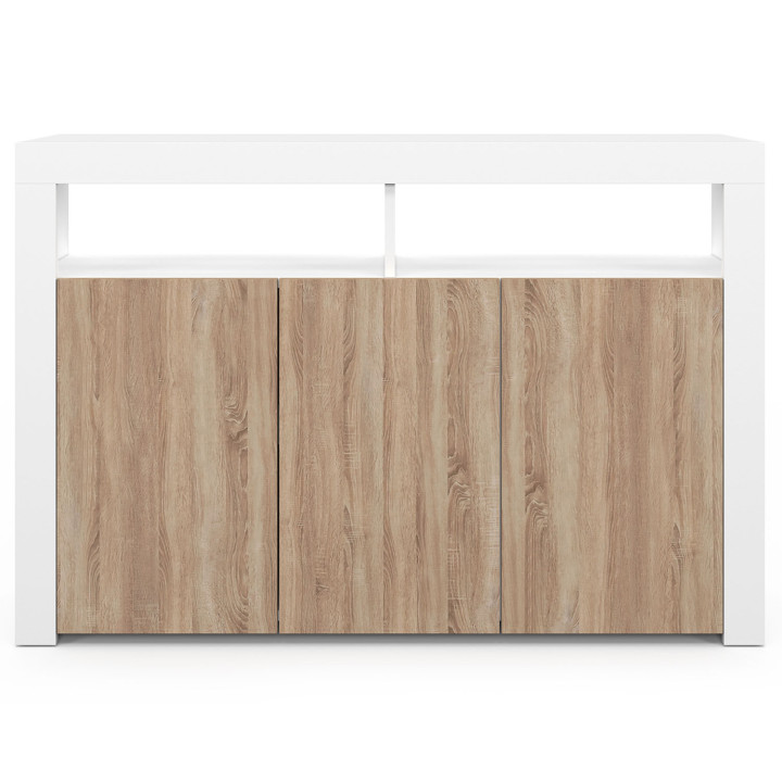 110 cm ELIGHT 3-deurs dressoir met LED-verlichting en nissen in wit en beukeneffect