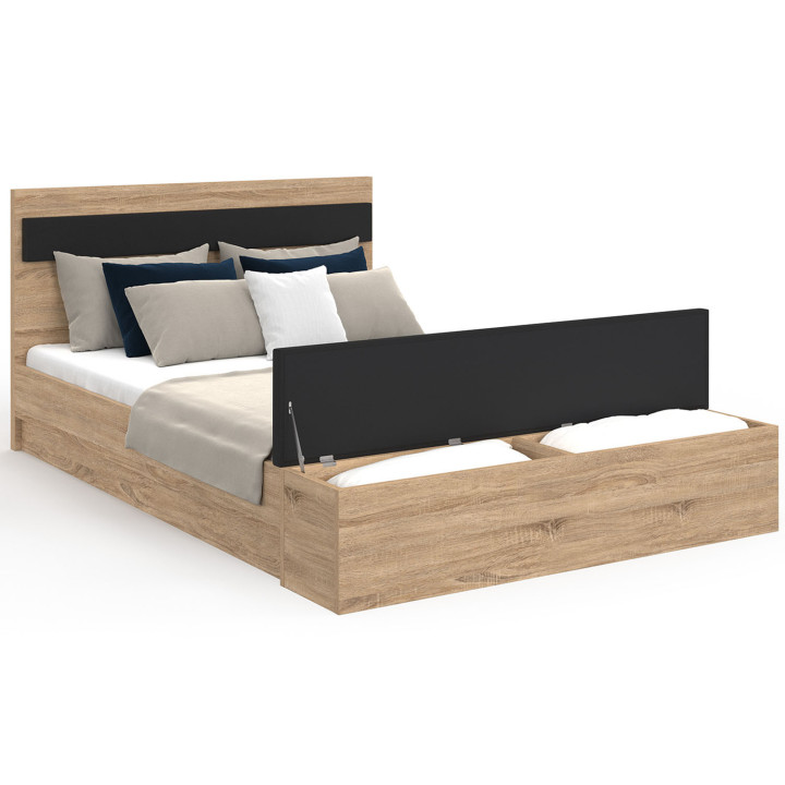 Cama doble 140x190 madera y cabecera negra + banco - GAELLE | IDMarket