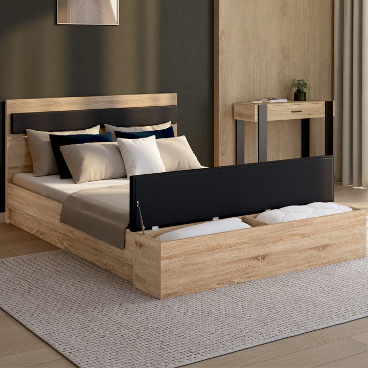 Cama doble 140x190 madera y cabecera negra + banco - GAELLE | IDMarket