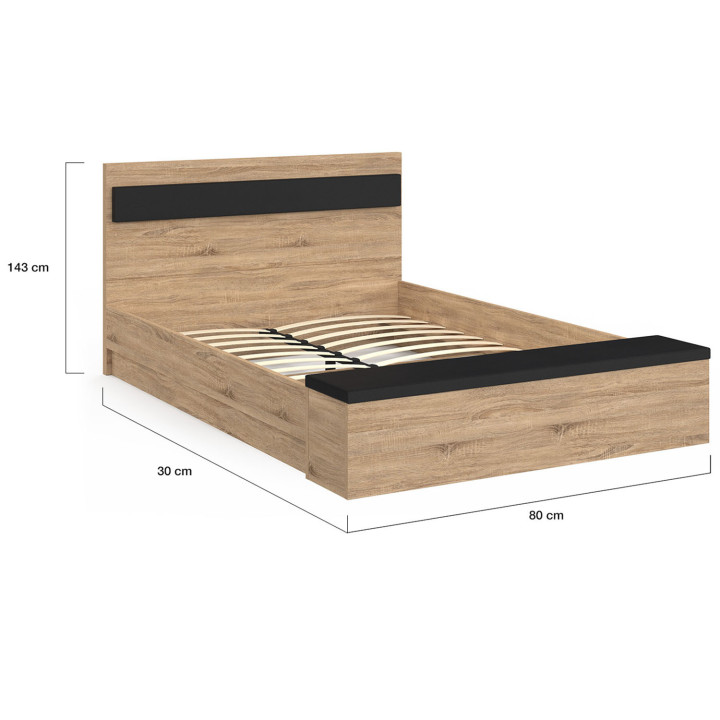 Cama doble 140x190 madera y cabecera negra + banco - GAELLE | IDMarket