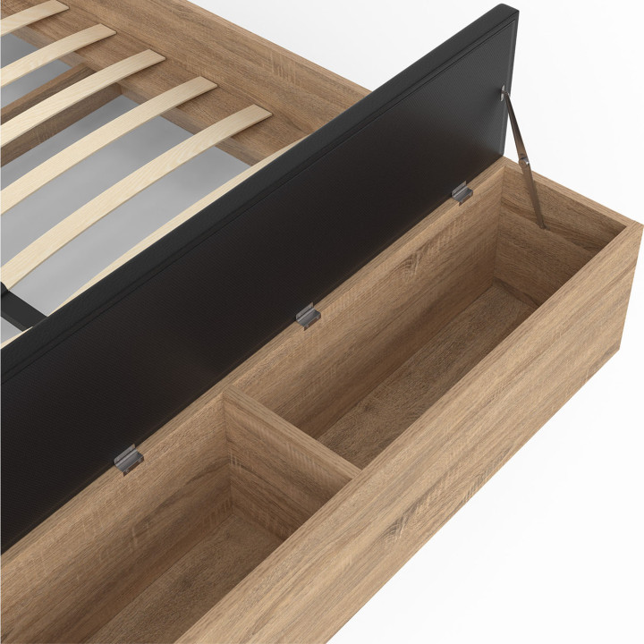 Cama doble 140x190 madera y cabecera negra + banco - GAELLE | IDMarket