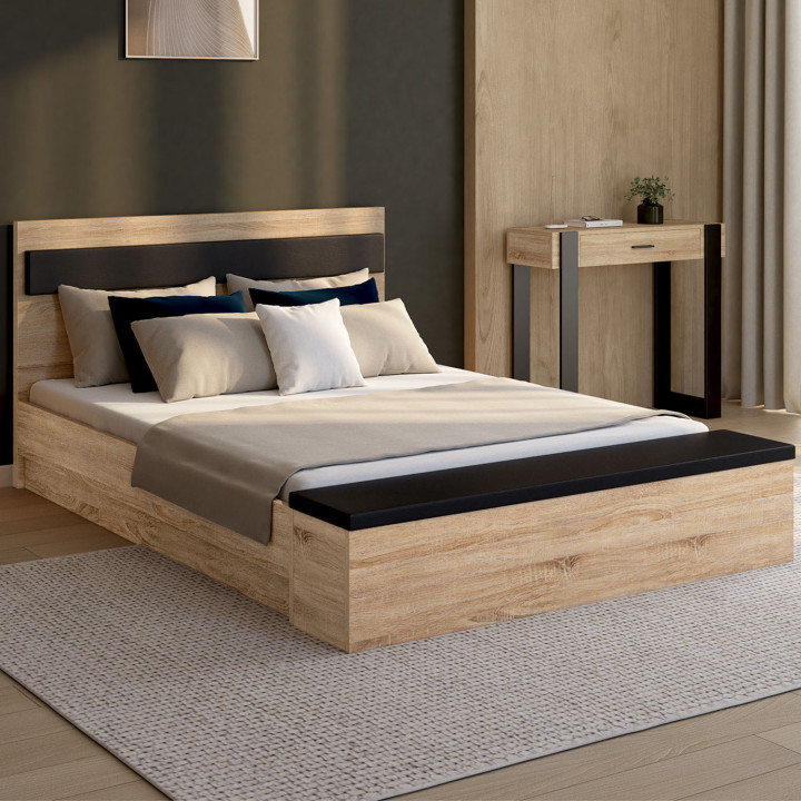 Cama doble 140x190 madera y cabecera negra + banco - GAELLE | IDMarket