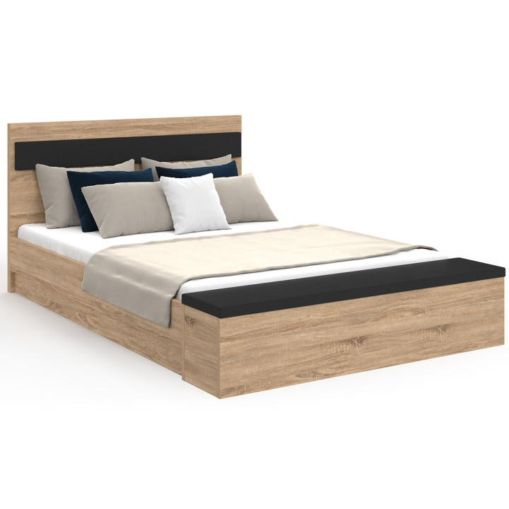 Cama doble 140x190 madera y cabecera negra + banco - GAELLE | IDMarket