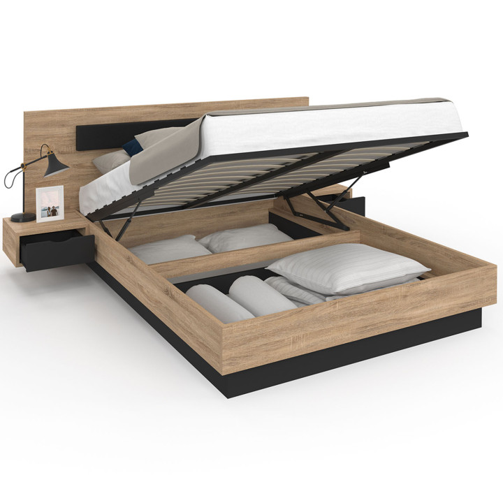 Letto matrimoniale 140x190 in legno e nero con comodini integrati - SANTA | Zen Cart! IDMarket