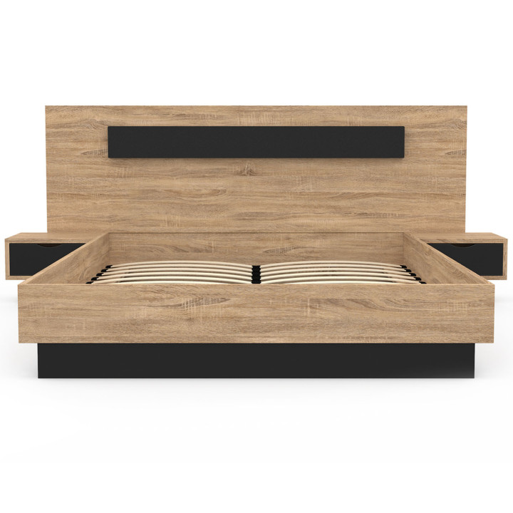 Letto matrimoniale 140x190 in legno e nero con comodini integrati - SANTA | Zen Cart! IDMarket