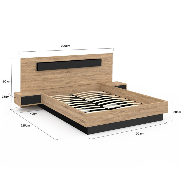 ¡Madera y negro cama doble 140x190 con mesitas de noche integradas - SANTA | Zen Cart! IDMarket