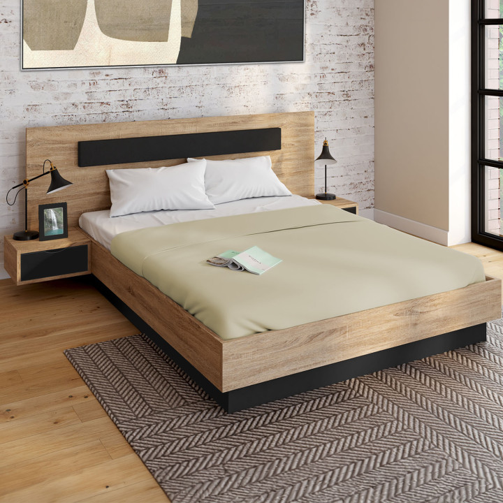 ¡Madera y negro cama doble 140x190 con mesitas de noche integradas - SANTA | Zen Cart! IDMarket