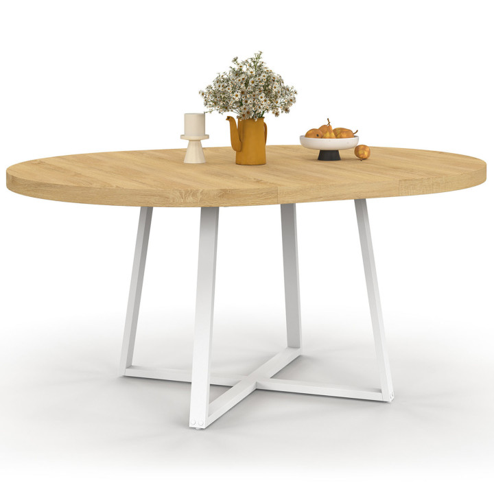 Mesa de comedor redonda extensible 4-8 personas madera y blanco - SELMA | Mesa de comedor redonda extensible 4-8 personas madera