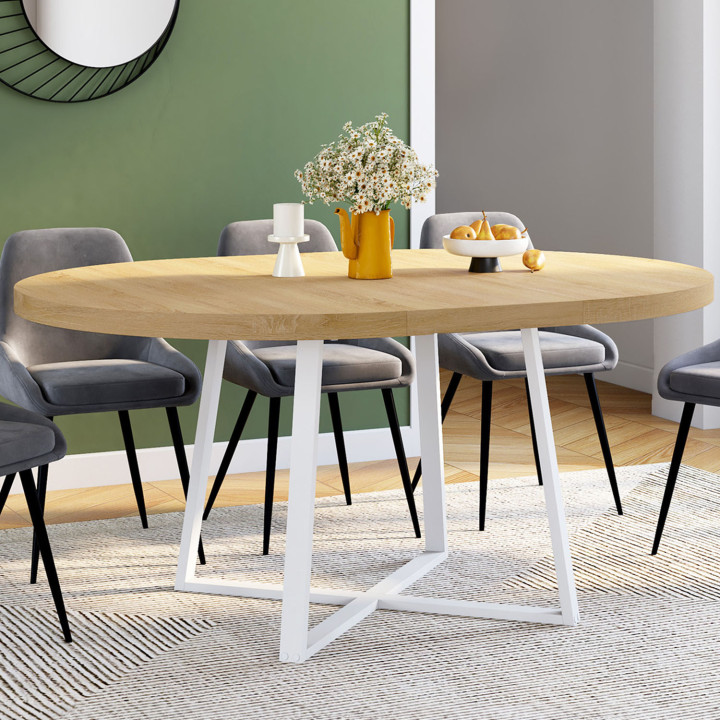 Table à manger extensible ronde SELMA 4-8 personnes bois et blanc 110-150 cm