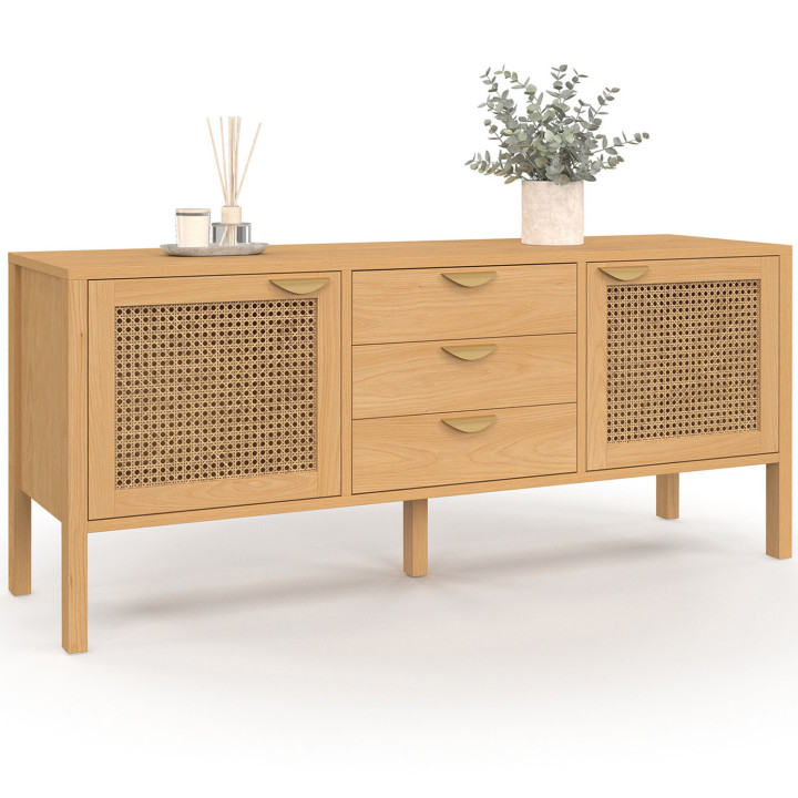 Credenza bassa EDHEN 140 cm, 2 ante e 3 cassetti, legno e vimini