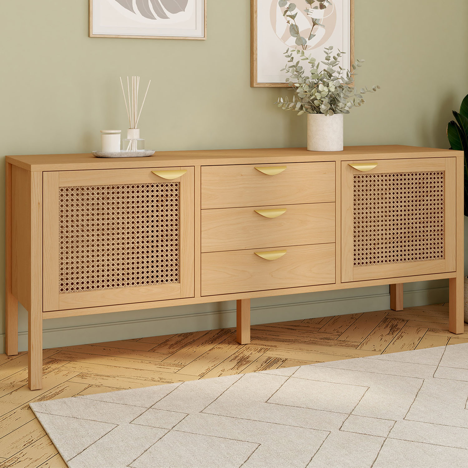 Buffet bas bois et cannage 140 cm avec 2 portes et 3 tiroirs