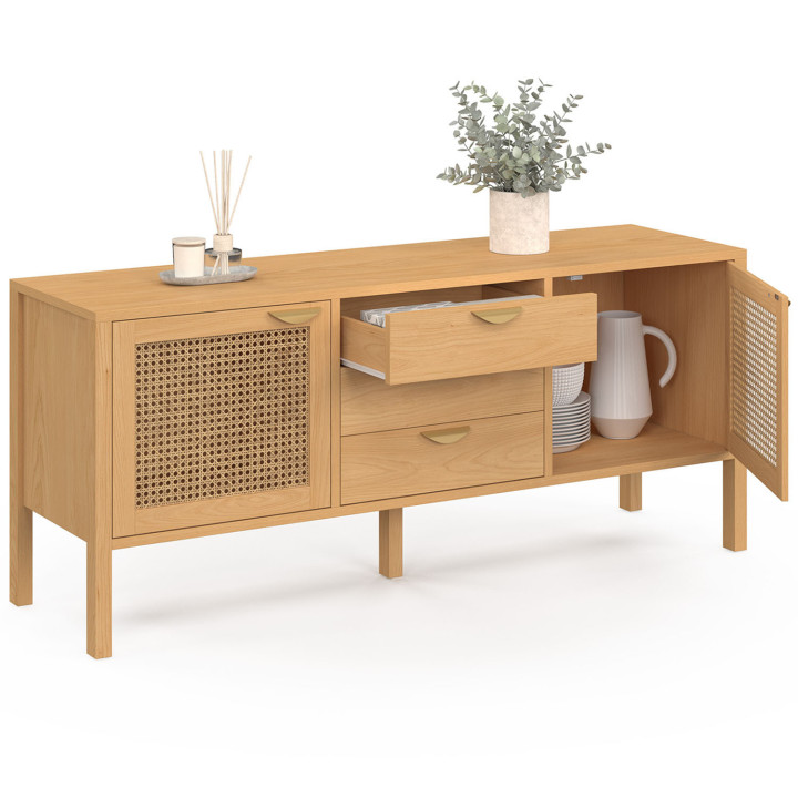 EDHEN 140 cm laag dressoir, 2 deuren en 3 laden, hout en vlechtwerk