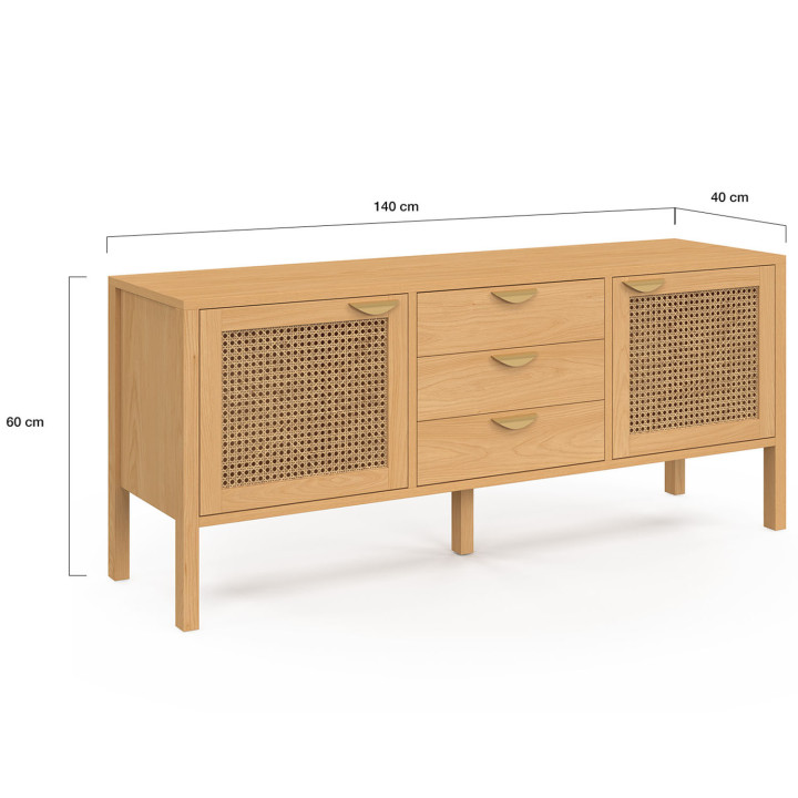EDHEN 140 cm laag dressoir, 2 deuren en 3 laden, hout en vlechtwerk