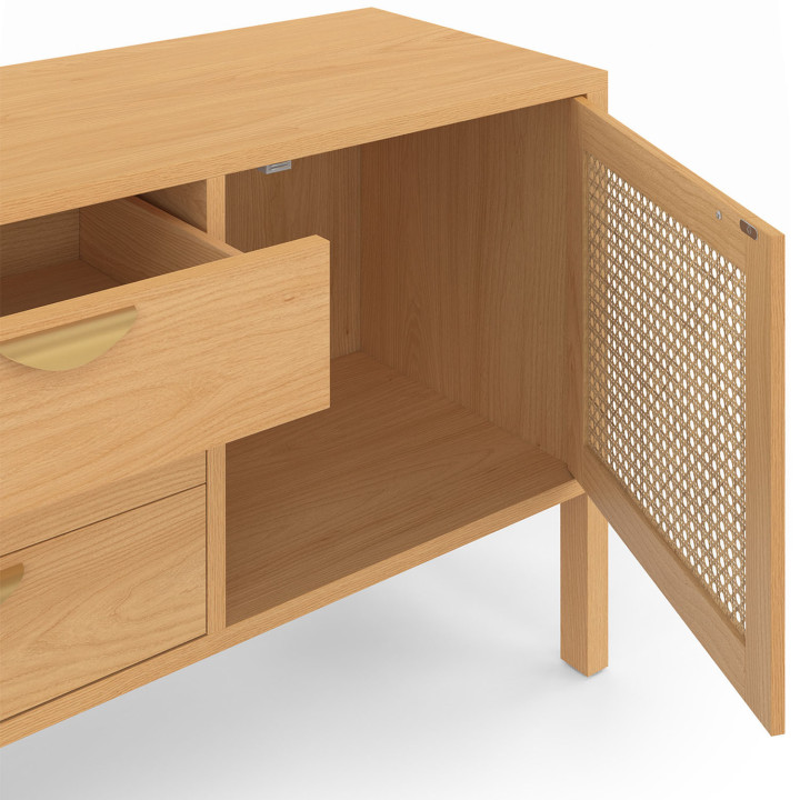 Credenza bassa EDHEN 140 cm, 2 ante e 3 cassetti, legno e vimini