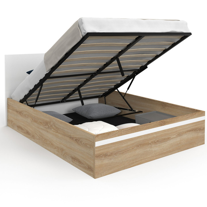 Cama doble arcón con cabecero y base de haya y blanco - SEASIDE | IDMarket