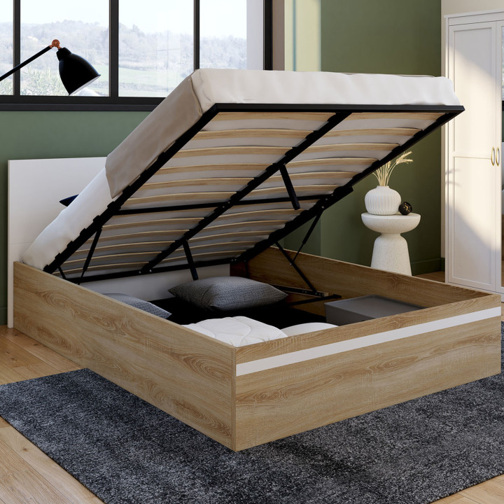 Cama doble arcón con cabecero y base de haya y blanco - SEASIDE | IDMarket