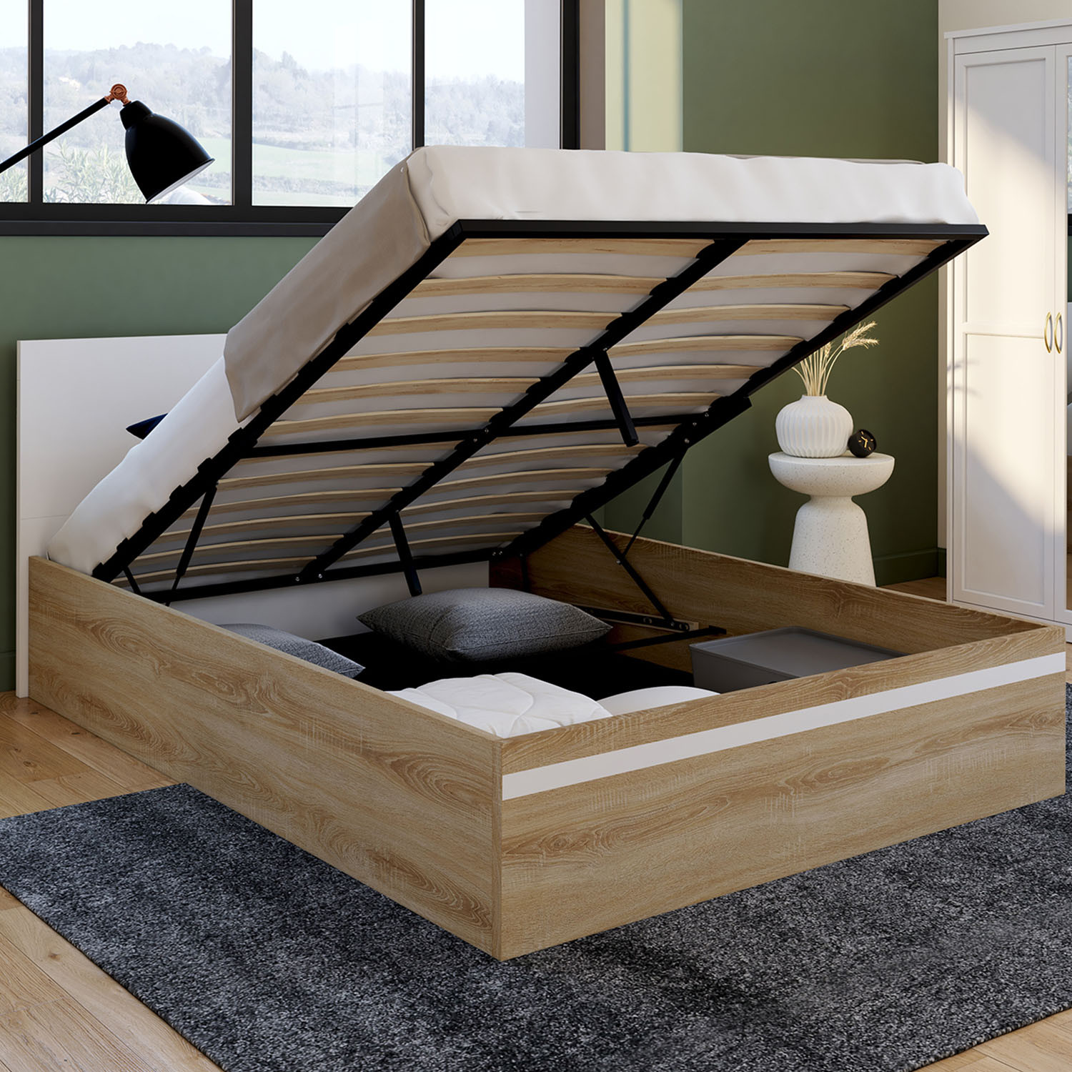 Lit coffre double avec tête de lit et sommier