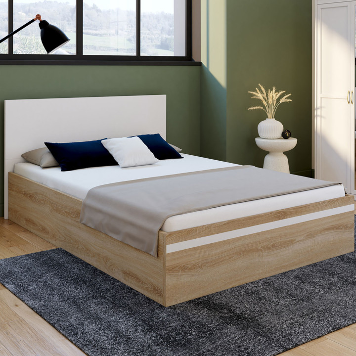 Cama doble arcón con cabecero y base de haya y blanco - SEASIDE | IDMarket
