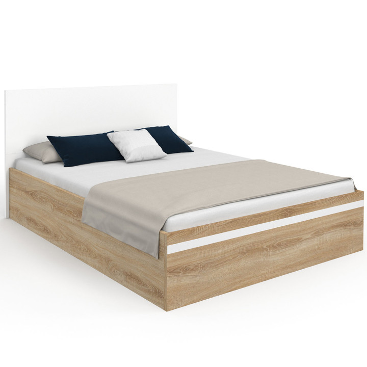 Cama doble arcón con cabecero y base de haya y blanco - SEASIDE | IDMarket