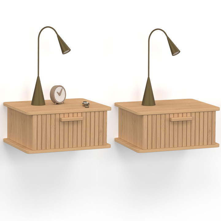 Lot de 2 tables de chevet murales JULIETTE 1 tiroir étagère suspendue lattes tasseau bois coloris chêne
