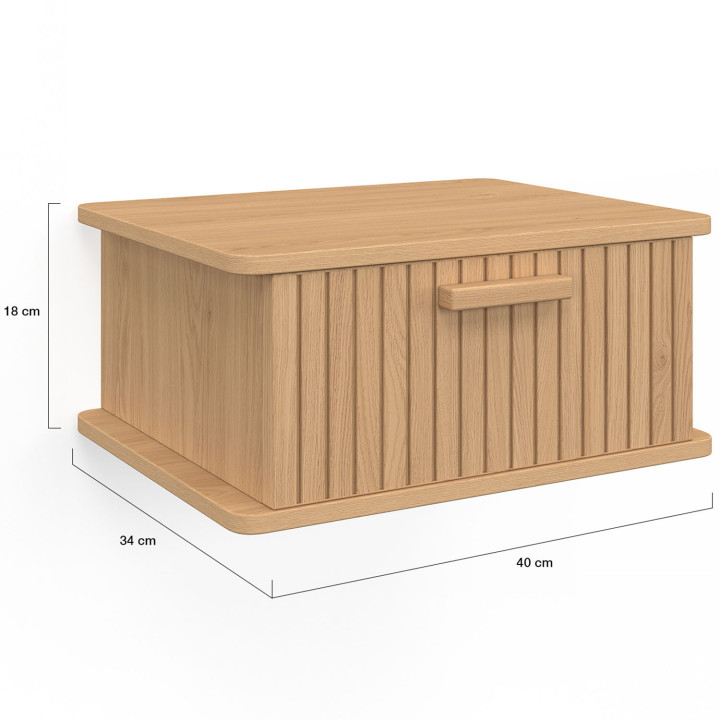 Lot de 2 tables de chevet murales JULIETTE 1 tiroir étagère suspendue lattes tasseau bois coloris chêne