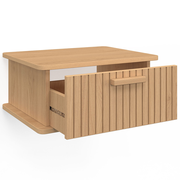 Lot de 2 tables de chevet murales JULIETTE 1 tiroir étagère suspendue lattes tasseau bois coloris chêne