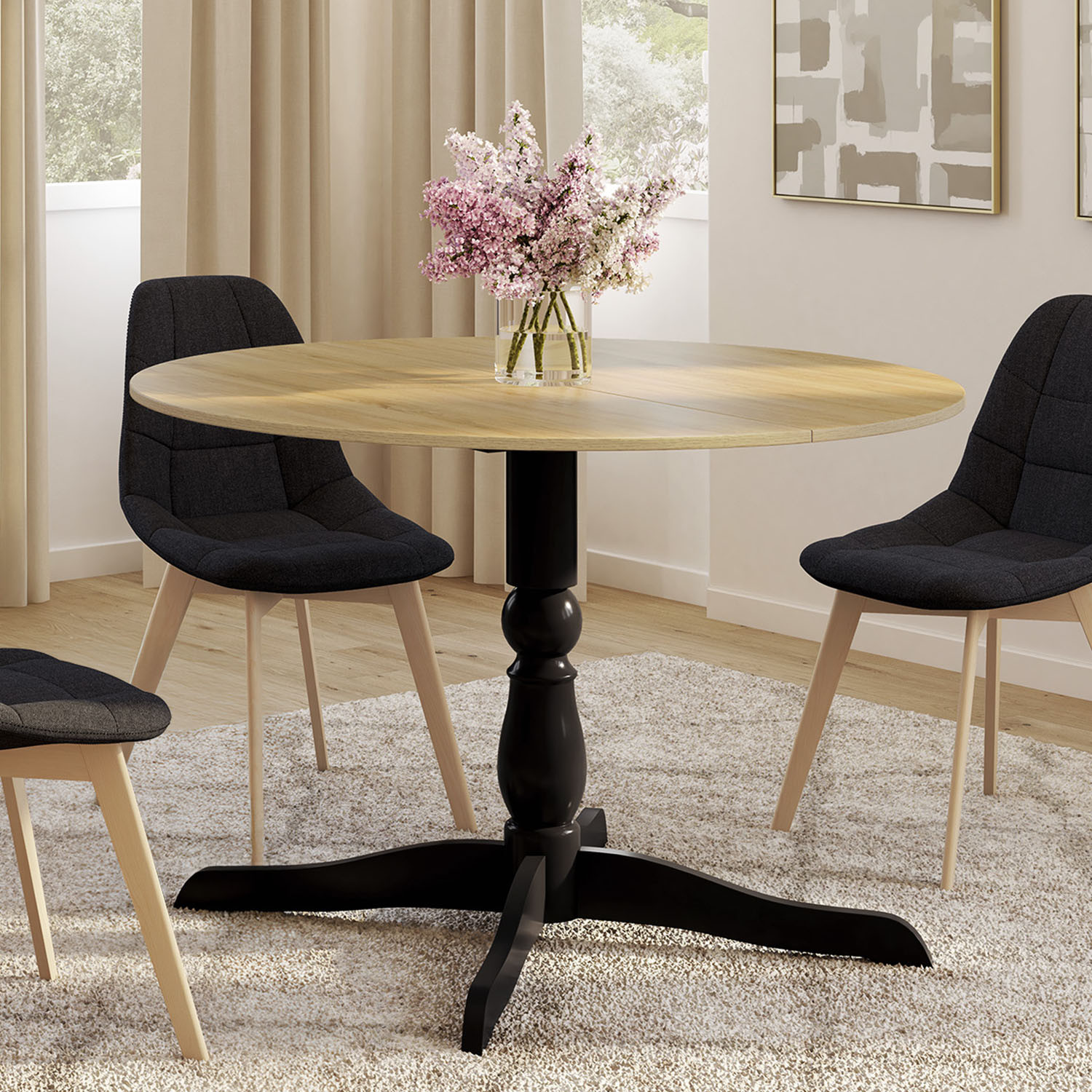 Table à manger ronde 4-6 personnes 110cm bois façon hêtre et noir