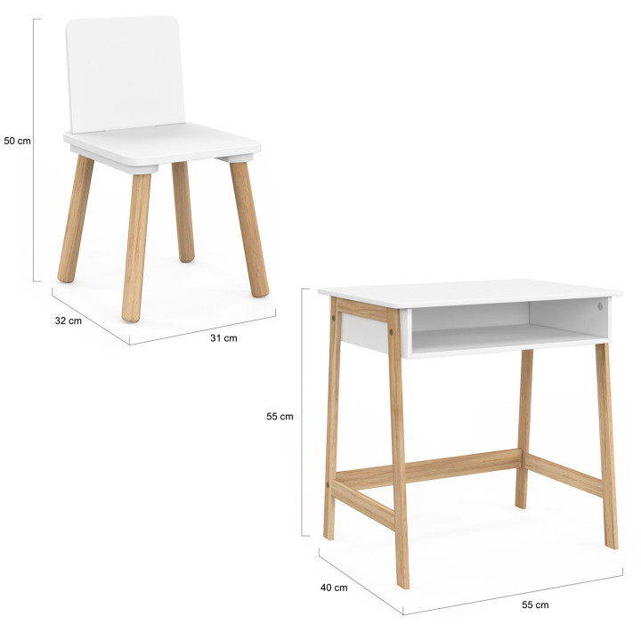 Ensemble bureau + 1 chaise enfant ANATOLE avec niche blanc et bois