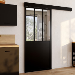 Kit de puerta corredera metálica de cristal templado con MDF | IDMarket