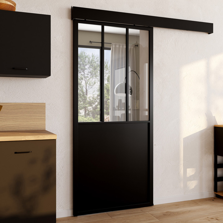 Kit de puerta corredera metálica de cristal templado con MDF | IDMarket