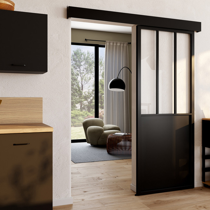 Kit de puerta corredera metálica de cristal templado con MDF | IDMarket