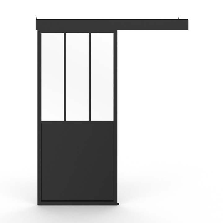 Kit de puerta corredera metálica de cristal templado con MDF | IDMarket