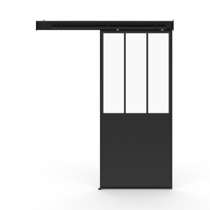 Kit de puerta corredera metálica de cristal templado con MDF | IDMarket