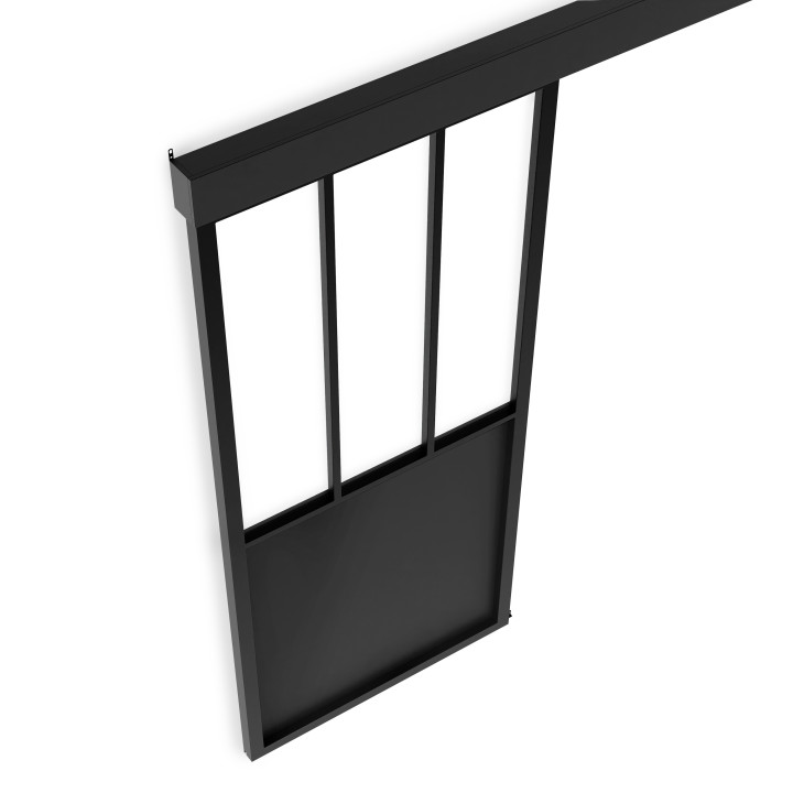 Kit de puerta corredera metálica de cristal templado con MDF | IDMarket