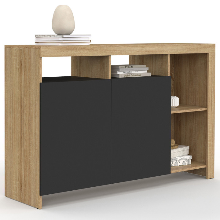 Buffet 110 cm MALO bois façon hêtre et portes noires