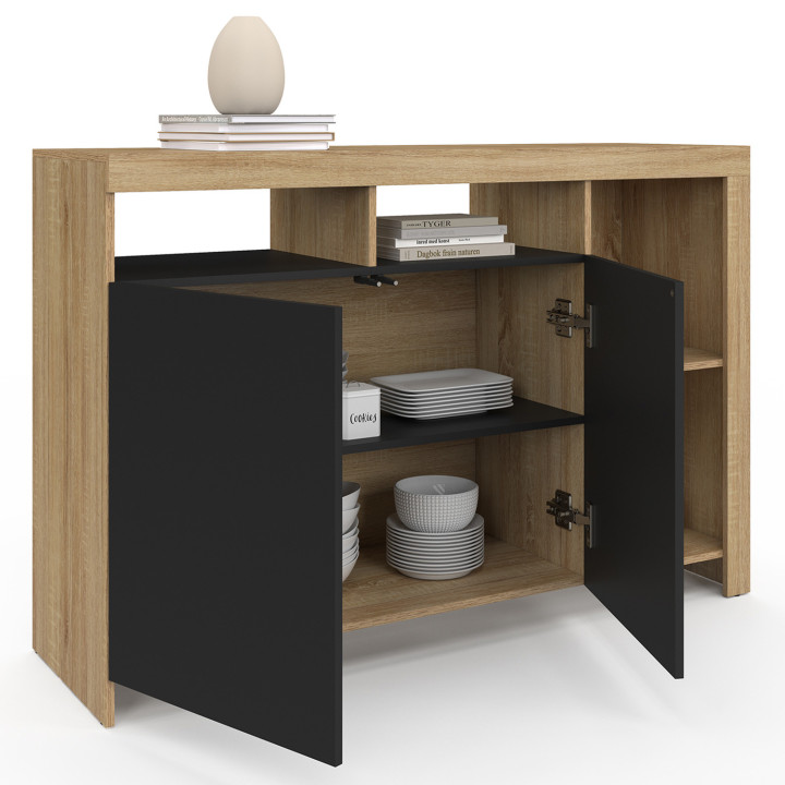 Buffet 110 cm MALO bois façon hêtre et portes noires