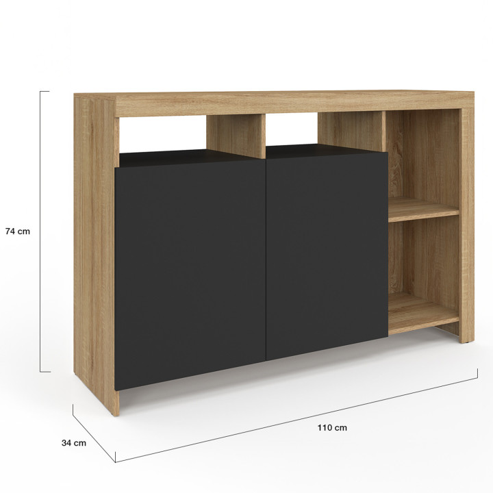 Buffet 110 cm MALO bois façon hêtre et portes noires