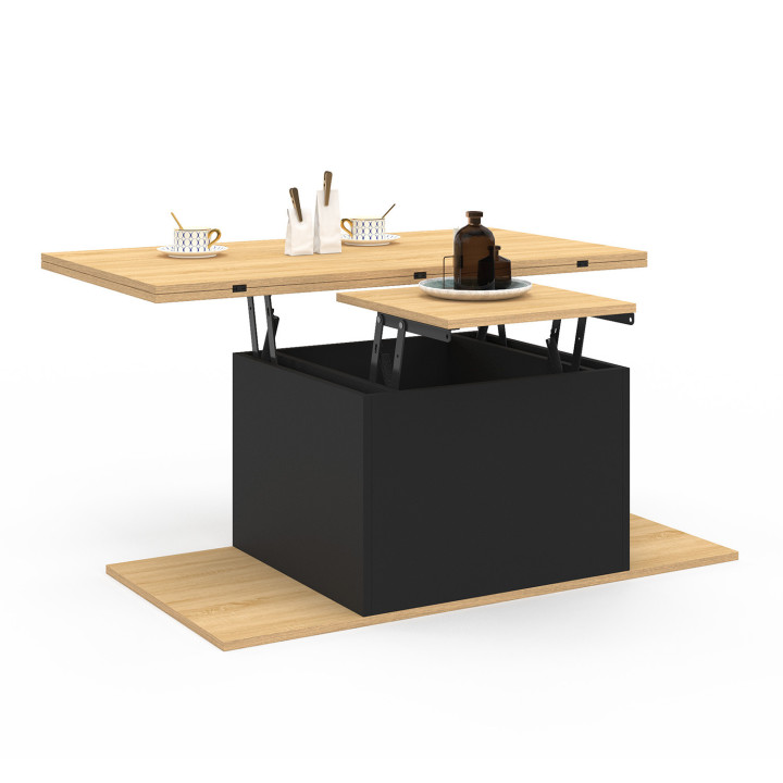 Rechteckiger Couchtisch aus Holz und Schwarz, umwandelbar in einen Esstisch mit Hockern - EDEN | ID Market Rechteckiger Couchtisch aus Holz und Schwarz, umwandelbar in einen Esstisch mit Hockern - EDEN | ID Market